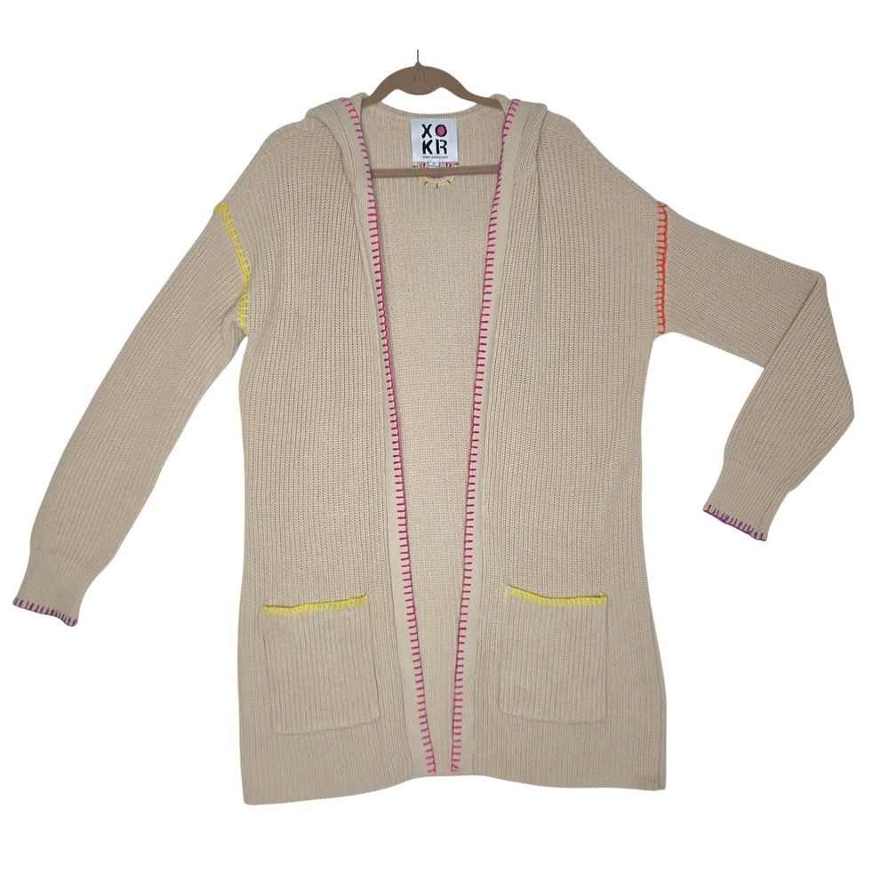 Kerri Rosenthal XO KR Oatmeal Knit Hooded Open Front Long Cardigan Sweater M